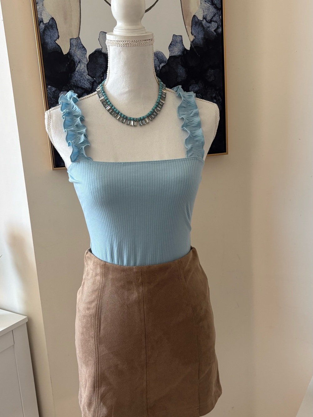 Ruffled Strap Ribbed Tank Top and skirt